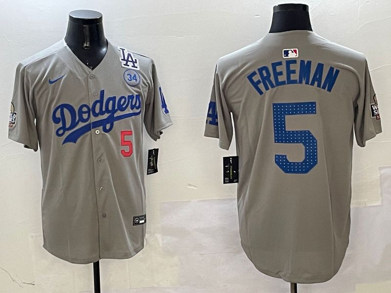 Men Los Angeles Dodgers 5 Freeman Grey Blue Fashion Game 2025 Nike MLB Jersey style 3263